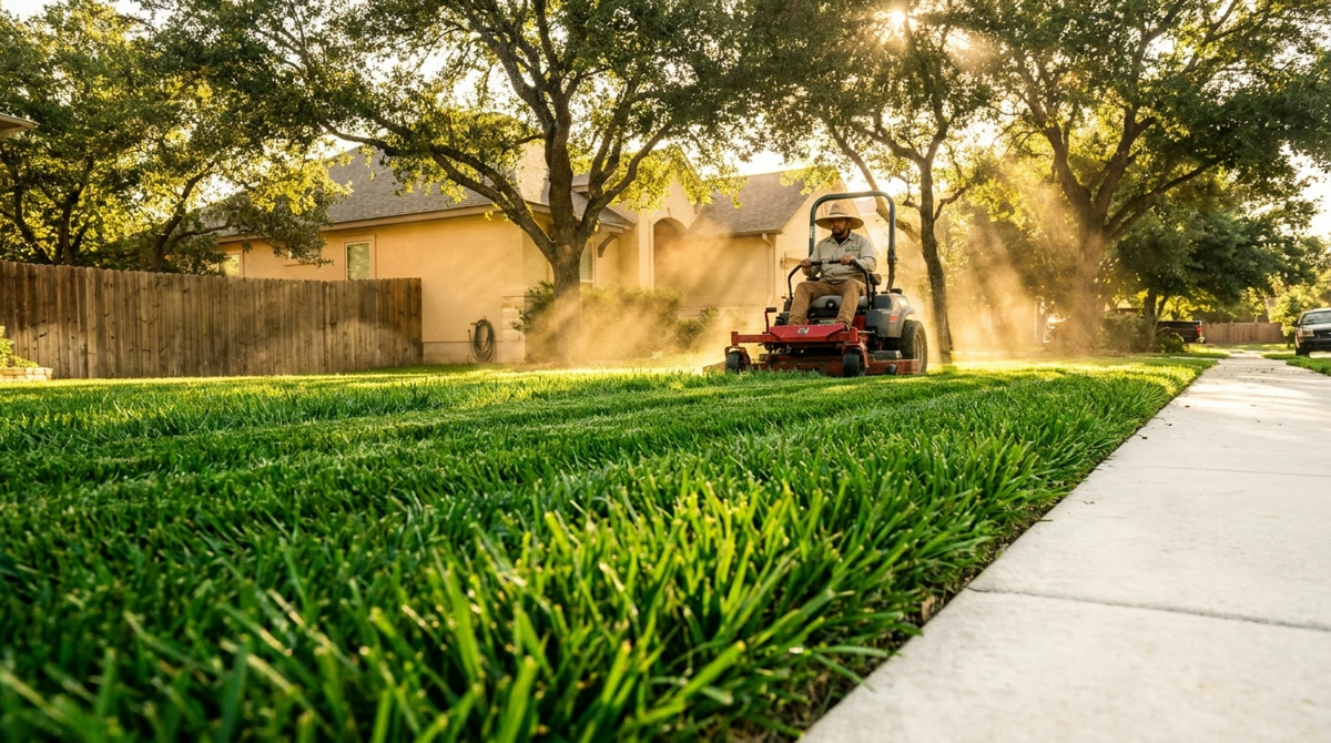Landscaper mowing clean stripes into a green San Antonio lawn at golden hour