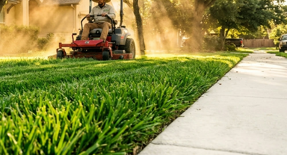 Clean edged sidewalk beside a freshly cut lawn